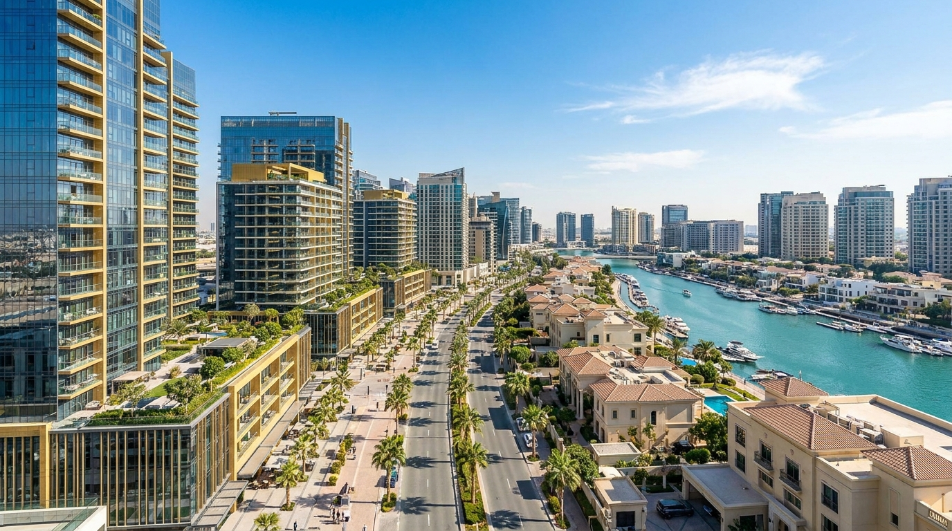 Vue aérienne ensoleillée des quartiers résidentiels de Dubai illustrant le comparatif des meilleurs secteurs où investir