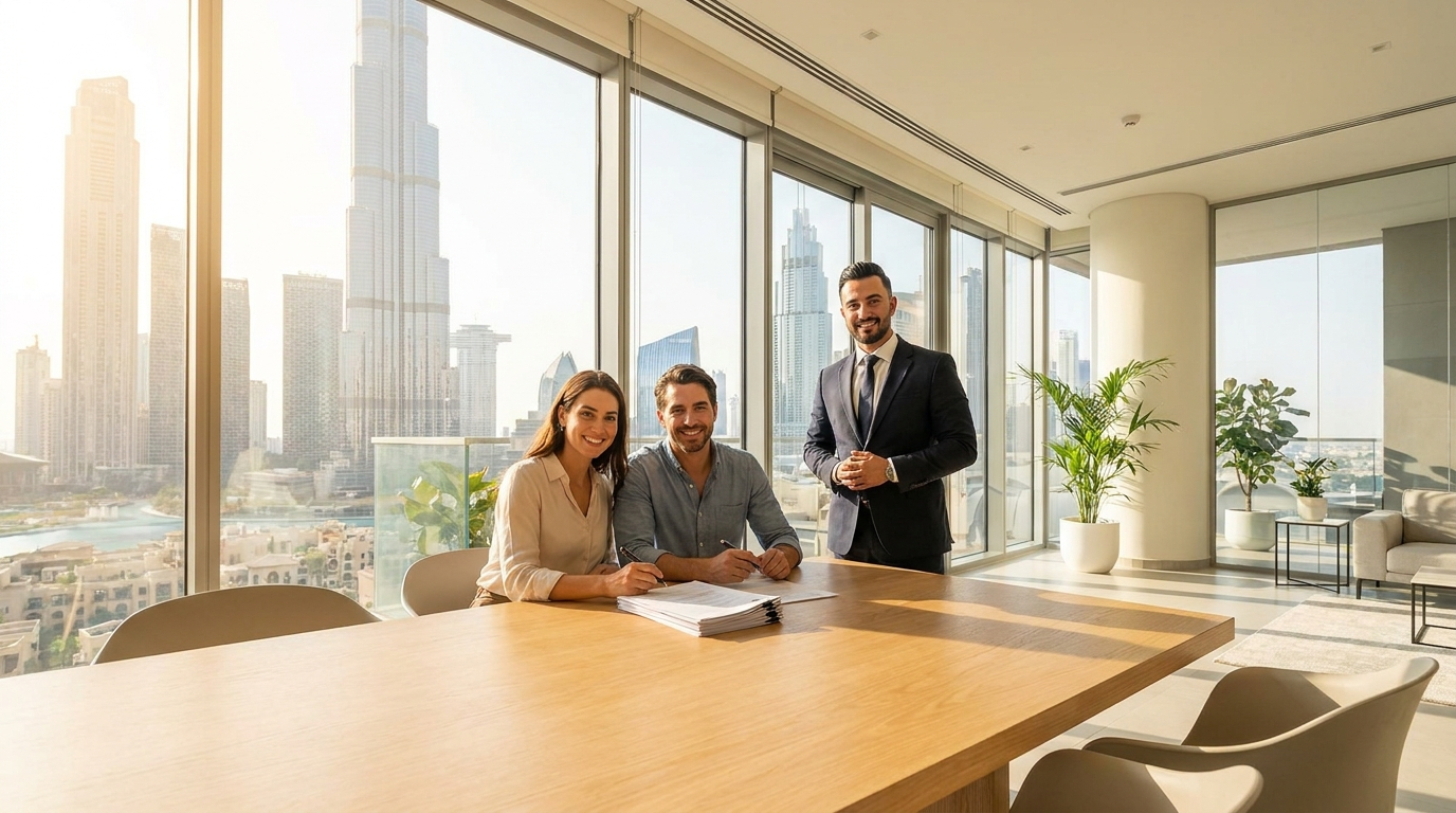 Couple souriant signant les documents d'achat d'un bien immobilier dans un bureau lumineux à Dubai