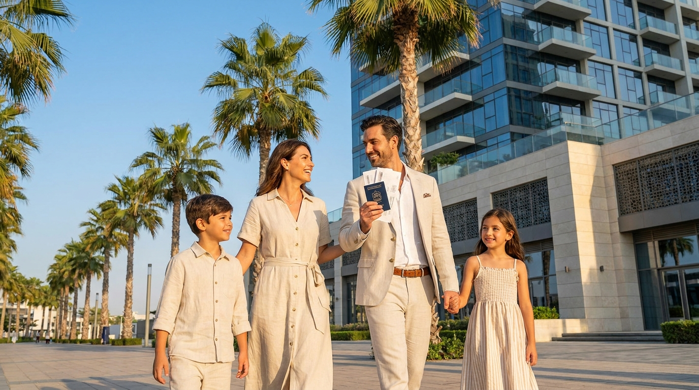Famille souriante devant une tour résidentielle à Dubai illustrant l'obtention du Golden Visa par l'investissement immobilier