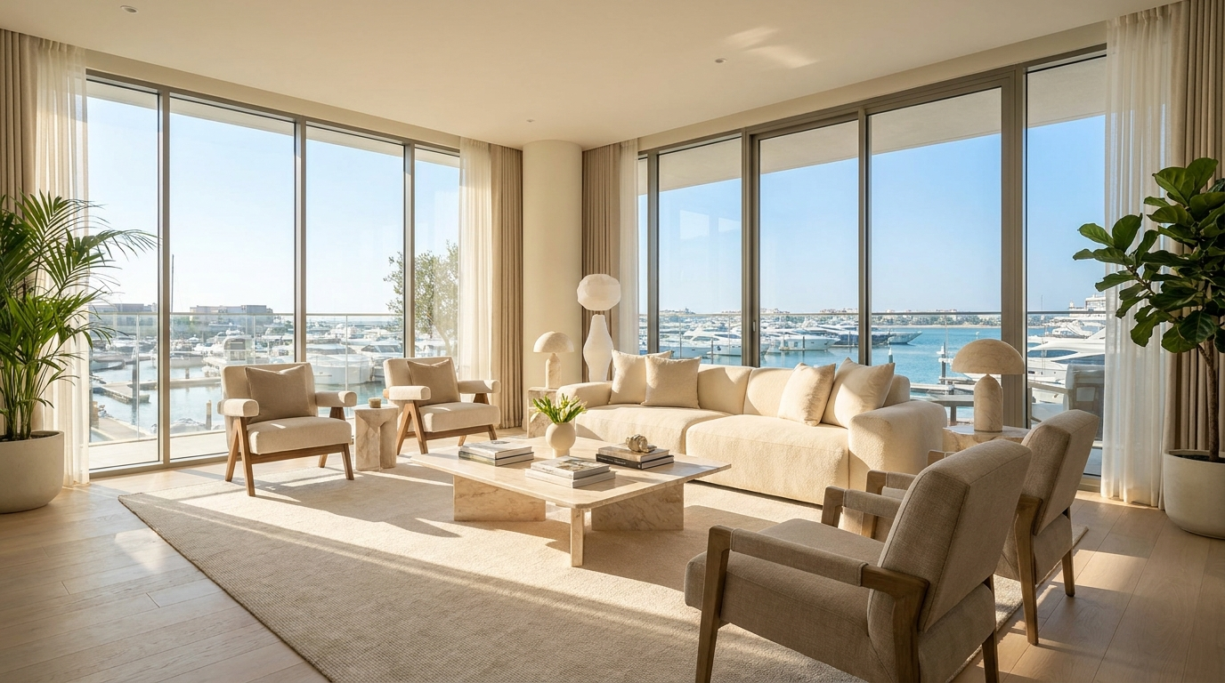 Salon d'appartement moderne et lumineux à Dubai illustrant la location courte durée type Airbnb