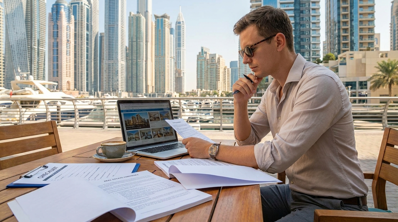 Investisseur étudiant des documents immobiliers en terrasse ensoleillée avec vue sur Dubai Marina
