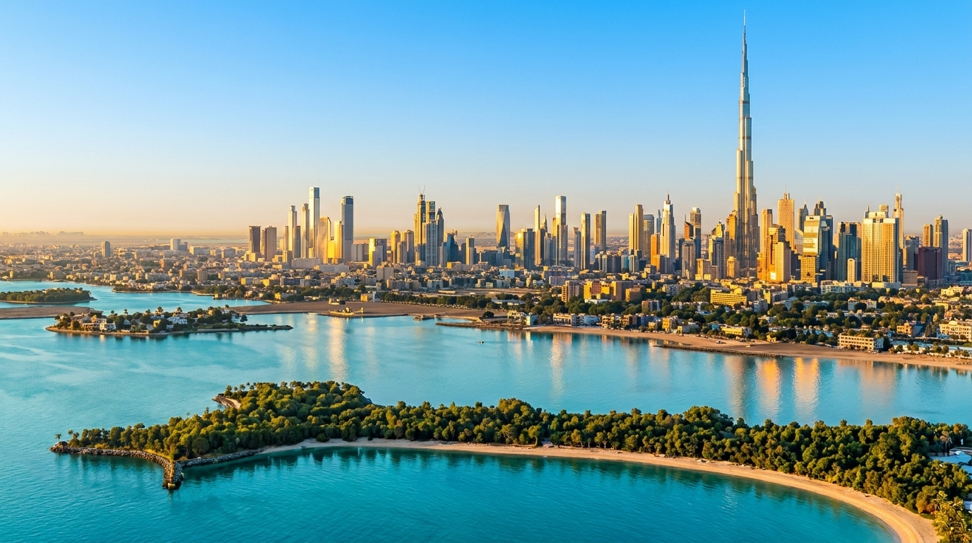 Vue aérienne d'un front de mer de Dubai avec résidences waterfront et eau turquoise