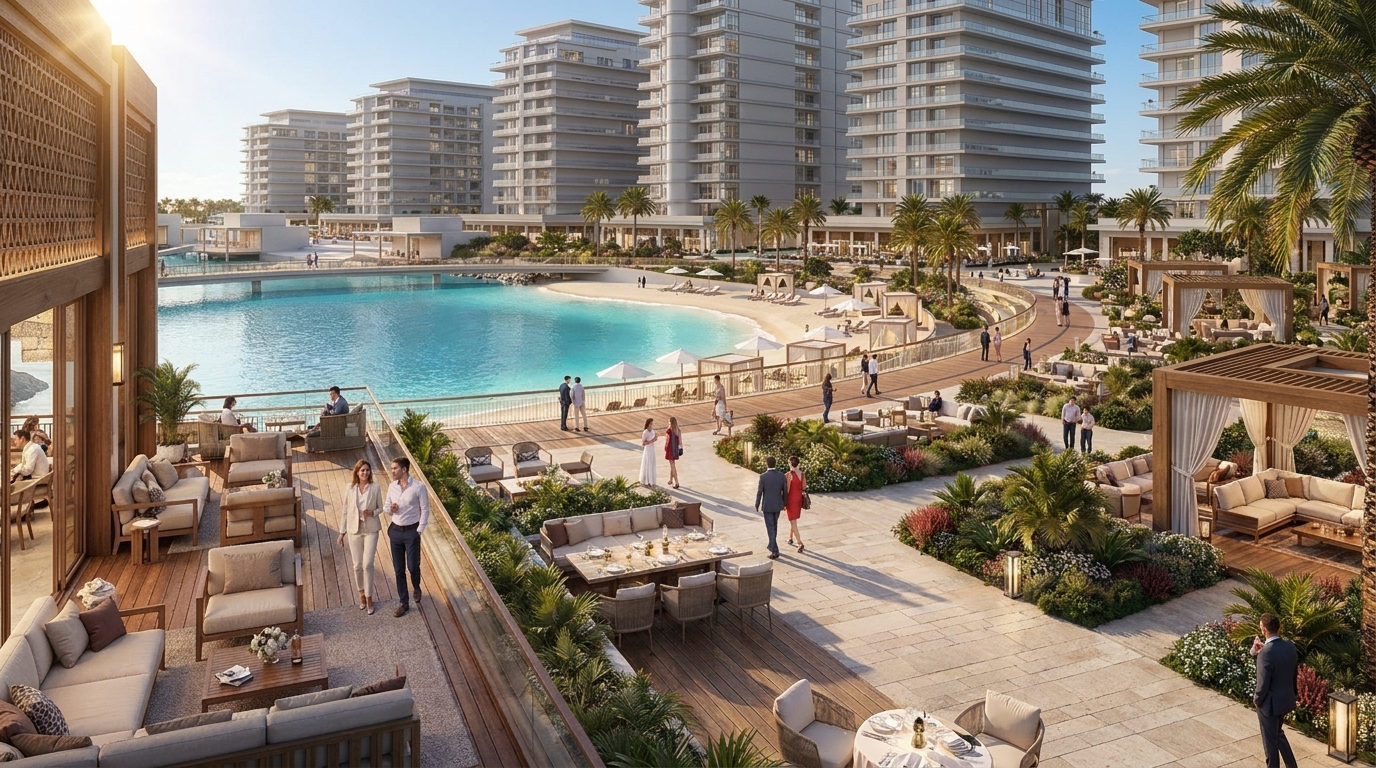 Vue architecturale de Yas Point, destination waterfront d'Aldar sur Yas Island à Abu Dhabi