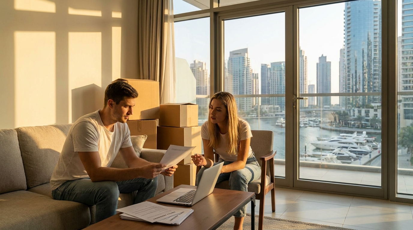 Couple examinant un bail de location à Dubai illustrant le retournement du marché locatif en faveur des locataires