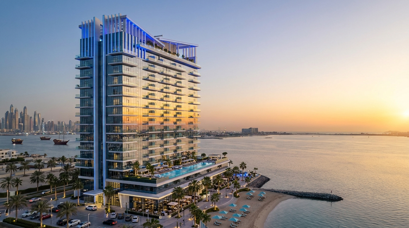 Tour résidentielle de luxe waterfront à Dubai Maritime City au coucher du soleil