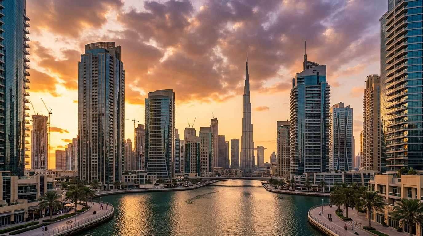 Skyline de Dubai au coucher du soleil illustrant les 286,43 milliards AED de ventes immobilières au S1 2026