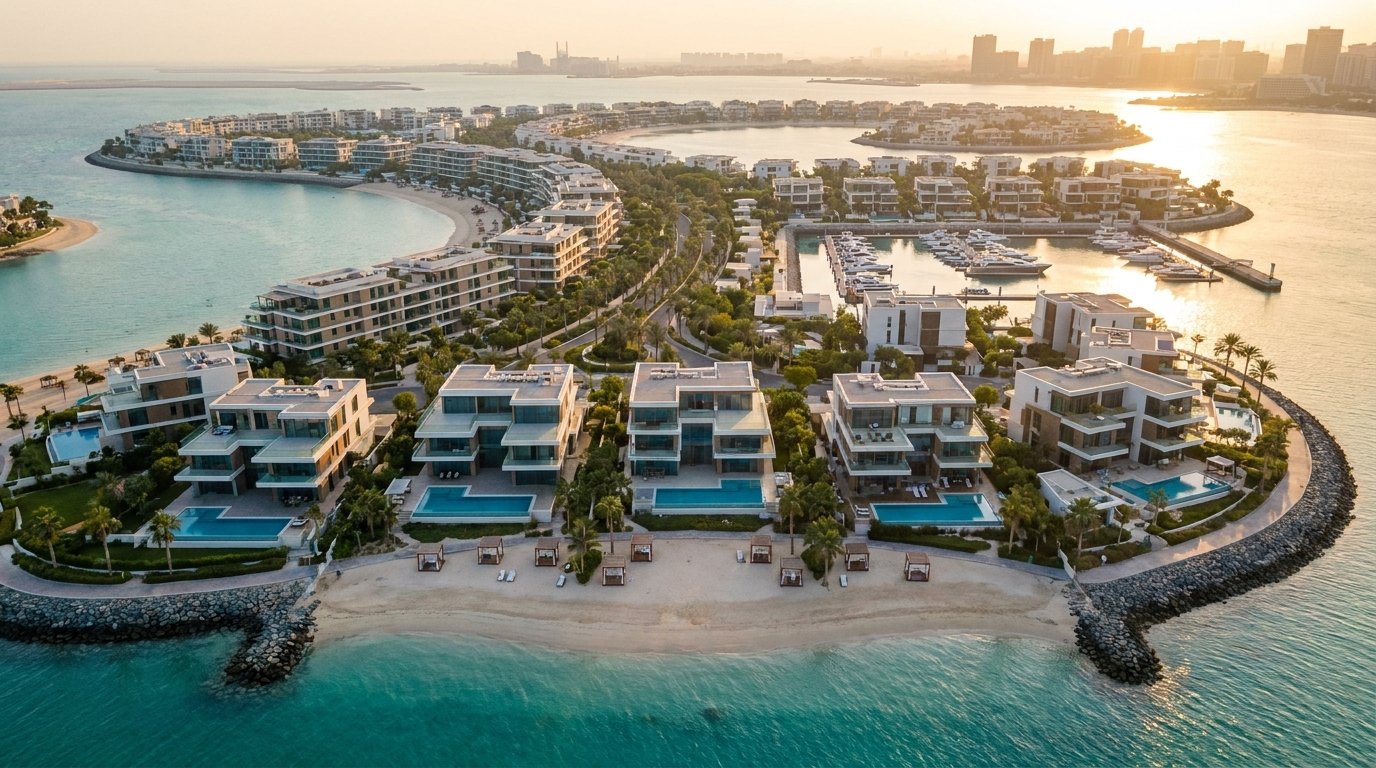 Vue aérienne d'une communauté résidentielle waterfront à Hudayriyat Island, Abu Dhabi