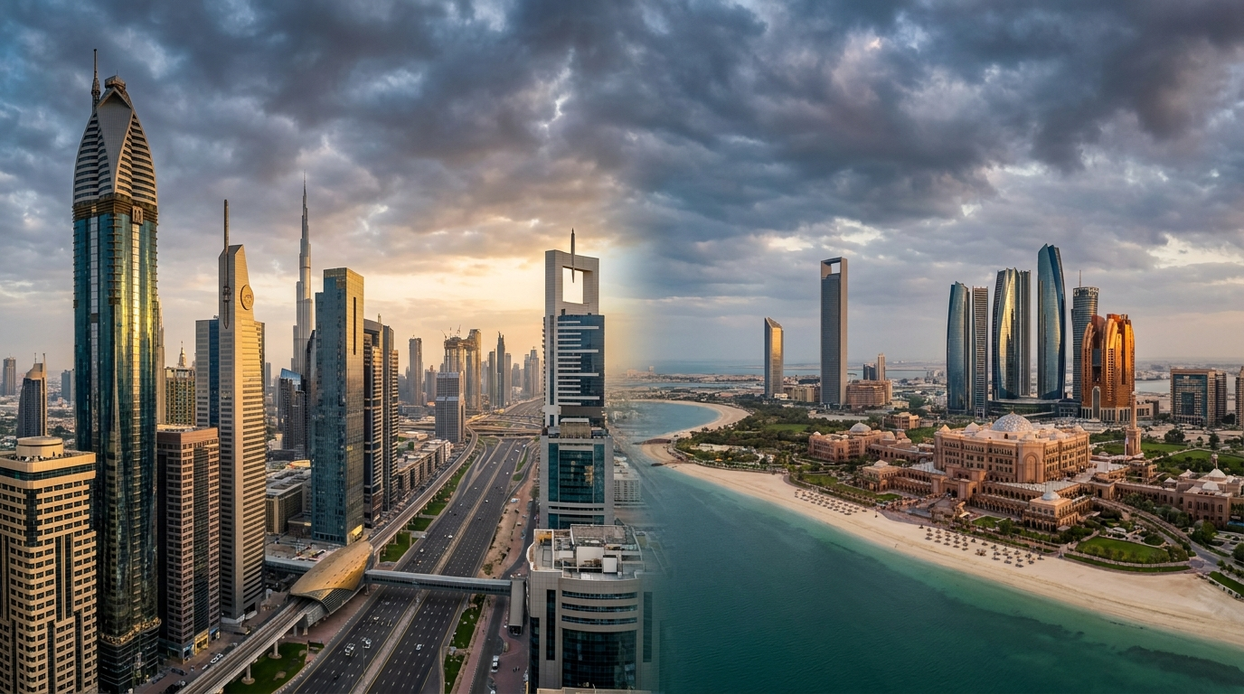 Skylines de Dubai et Abu Dhabi, les deux marchés immobiliers phares des Émirats en 2026