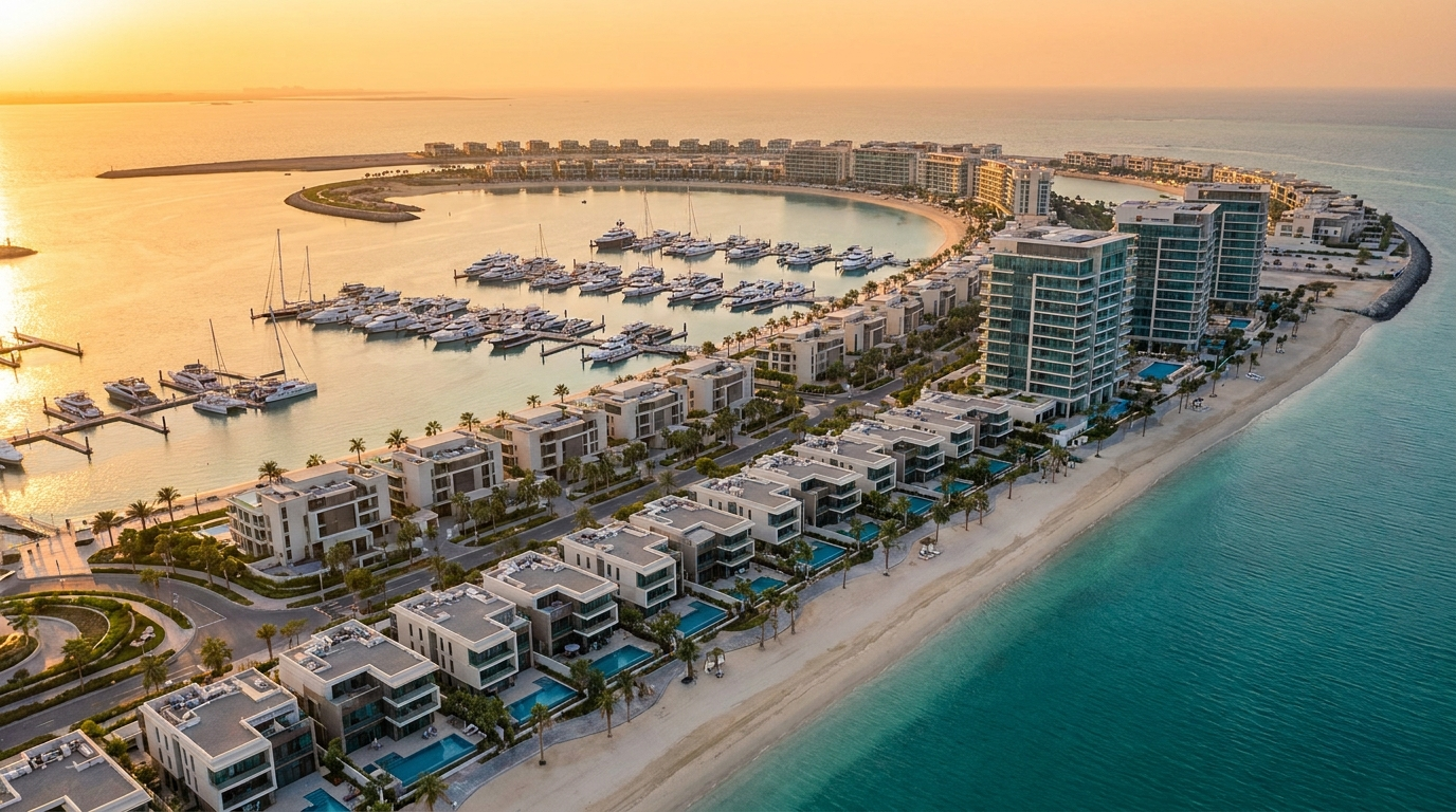 Masterplan waterfront de luxe avec marina sur une île du Golfe