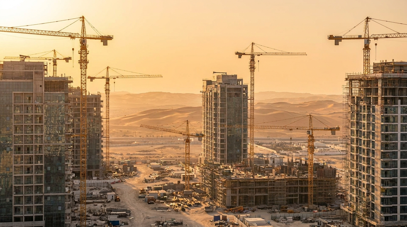 Chantier de construction résidentiel moderne à Dubai au coucher du soleil