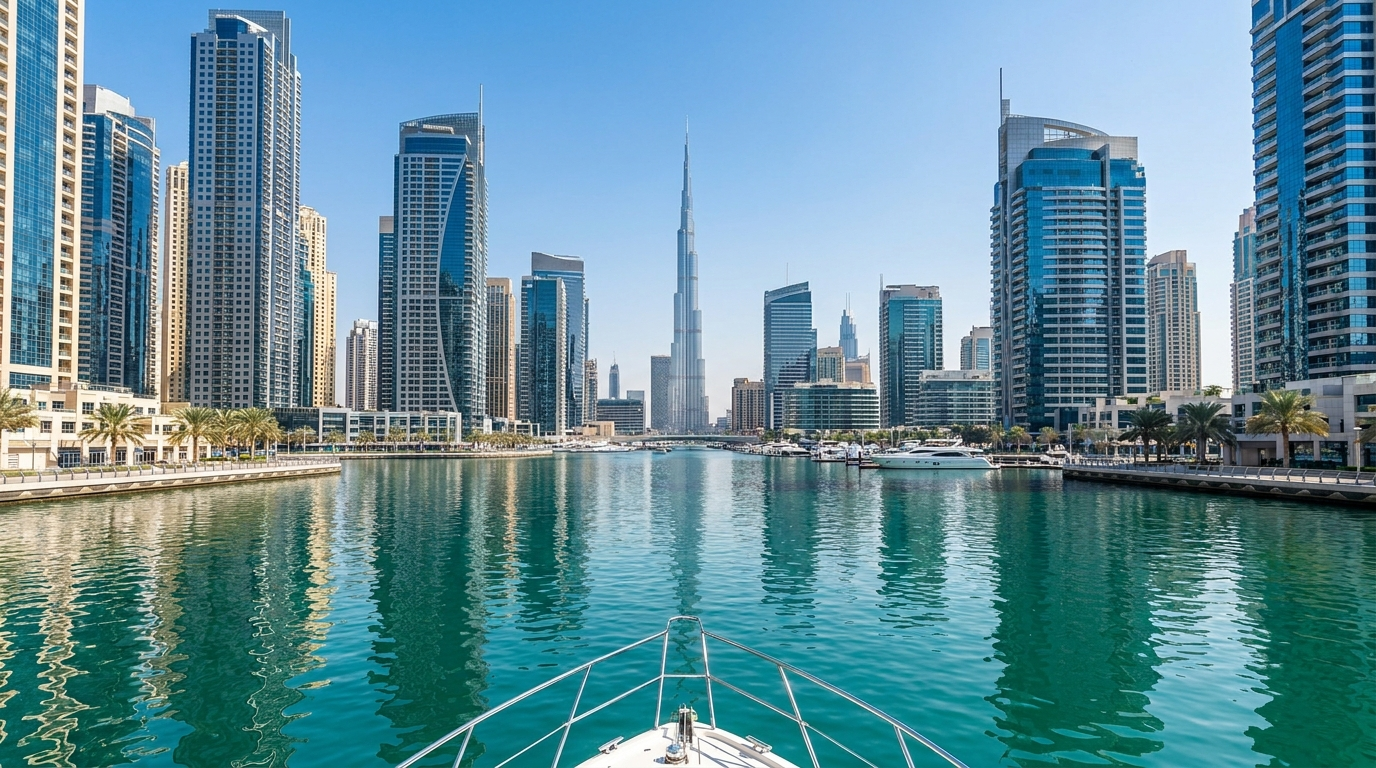 Skyline de Dubai vue depuis l'eau en journée