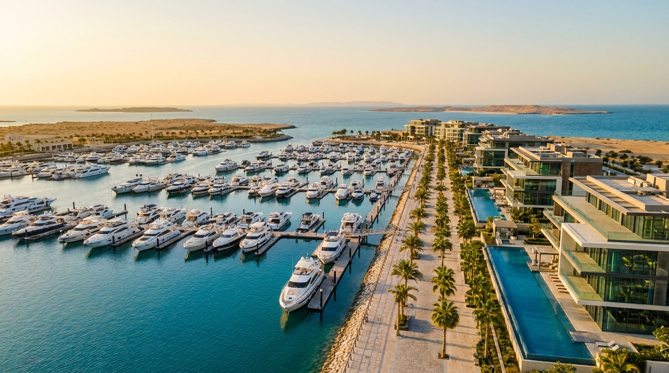 Grande marina moderne avec yachts de luxe sur une île du Golfe