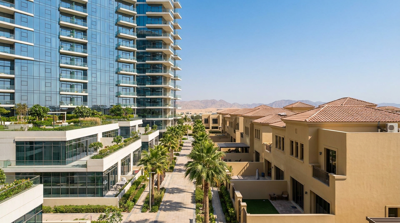 Immeuble résidentiel moderne à côté de villas mitoyennes à Dubai