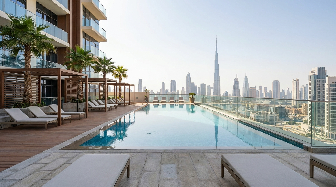 Piscine et équipements sur le toit d'une résidence à Dubai