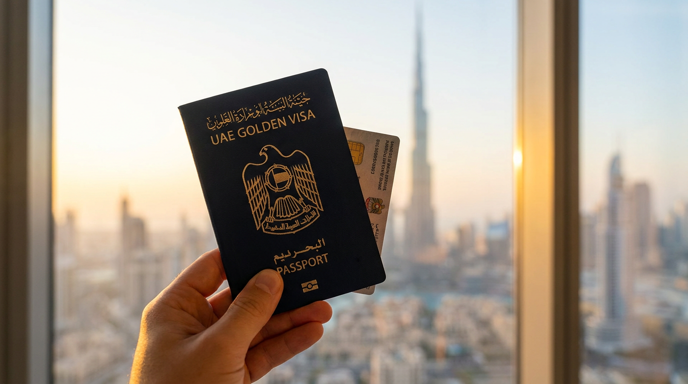 Passeport avec Golden Visa des Émirats devant le skyline de Dubai