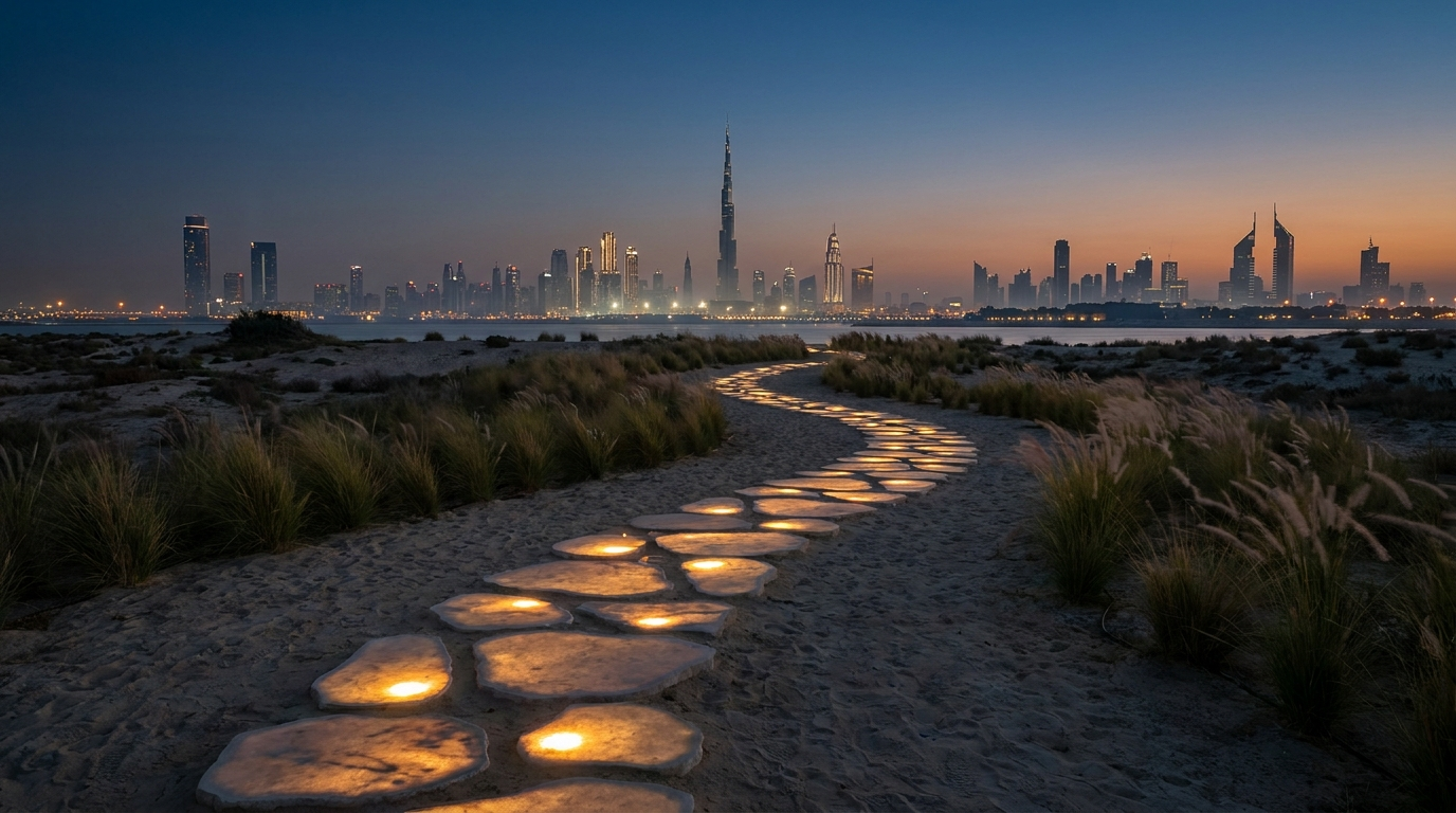Chemin lumineux menant vers le skyline de Dubai, symbole de parcours étape par étape