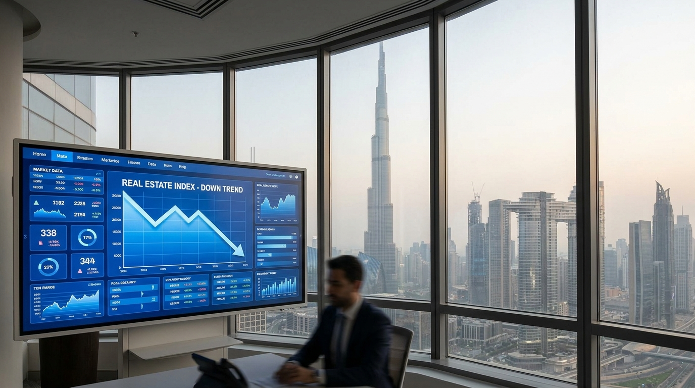 Tableau de bord de données financières avec courbe en baisse et skyline de Dubai