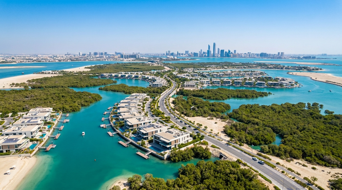 Vue aérienne de villas de luxe waterfront à Al Jubail Island Abu Dhabi