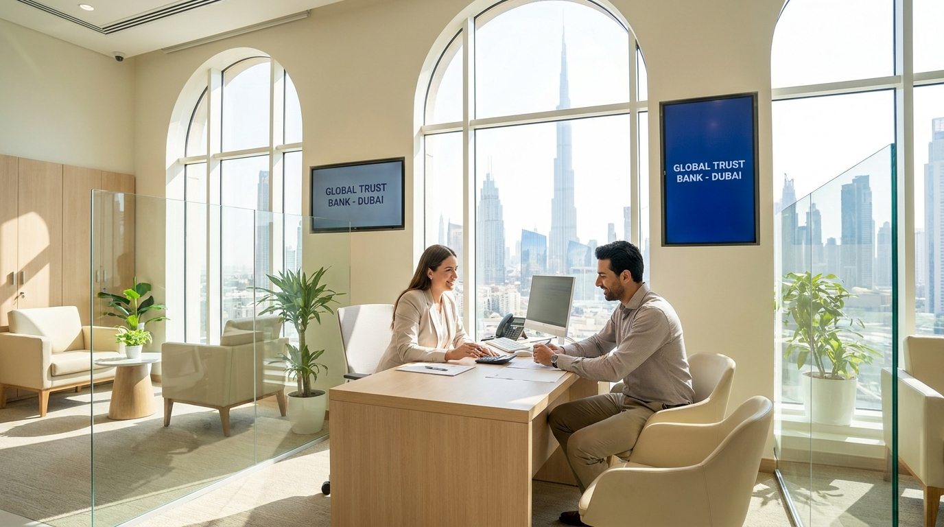 Conseiller bancaire expliquant un financement hypothécaire à un client dans une agence lumineuse à Dubai