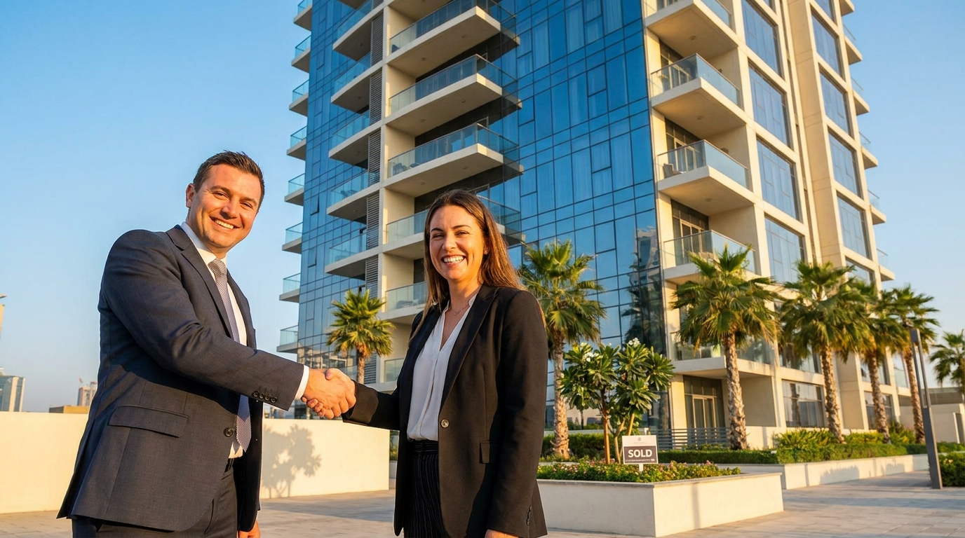 Vendeur et acheteur se serrant la main devant un immeuble résidentiel ensoleillé à Dubai après une revente immobilière