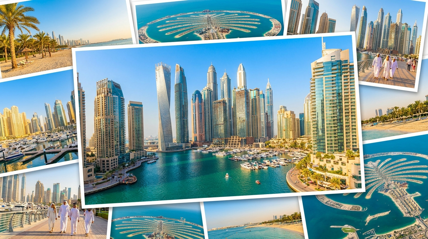Littoral ensoleillé du Golfe avec tours résidentielles modernes illustrant le comparatif Dubai, Abu Dhabi et Ras Al Khaimah