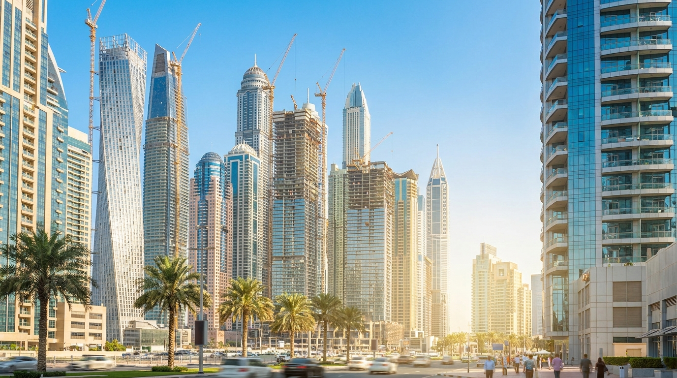 Skyline dynamique de Dubai en journée ensoleillée avec grues de construction illustrant le bilan du marché immobilier S1 2026