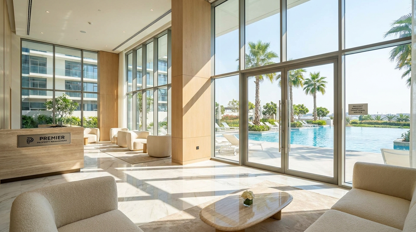 Hall d'entrée et piscine d'une résidence moderne à Dubai illustrant les charges de copropriété et leur gestion
