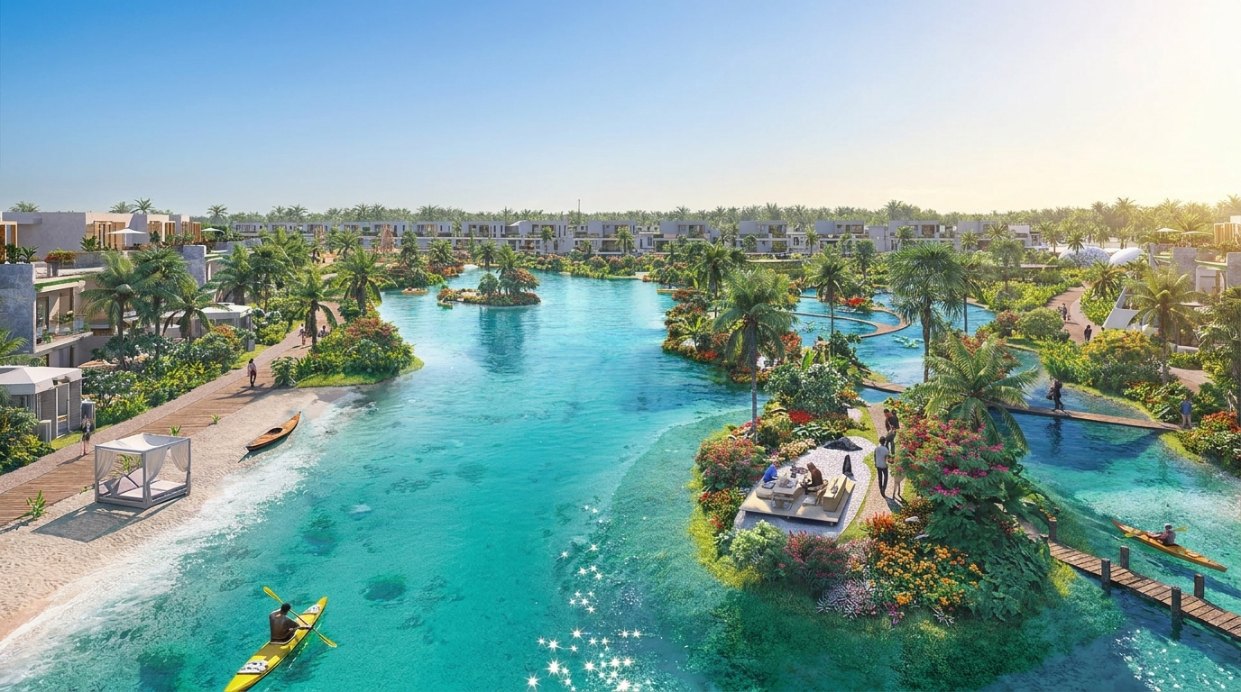 Villas et lagon turquoise du cluster Antigua à DAMAC Islands 2, Dubailand