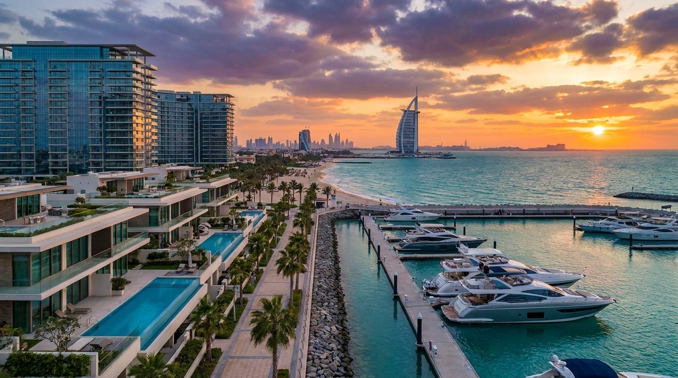 Villas et tours residentielles waterfront a Dubai illustrant la surperformance des proprietes cotieres