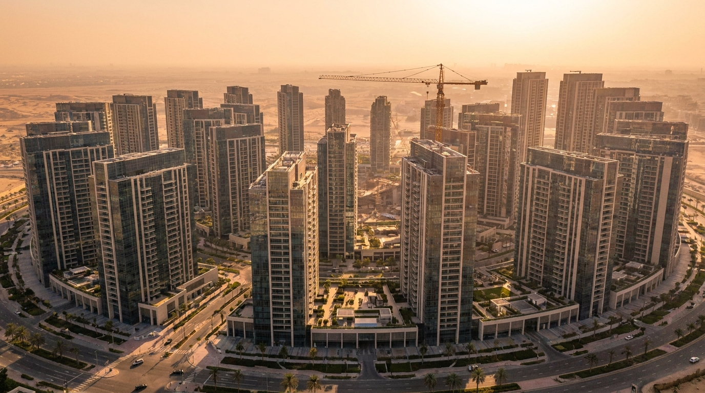Vue aérienne de tours résidentielles livrées à Dubai au coucher du soleil