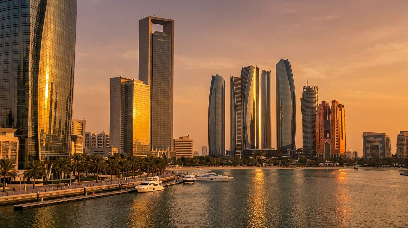 Skyline d'Abu Dhabi au coucher du soleil illustrant le record d'investissements étrangers
