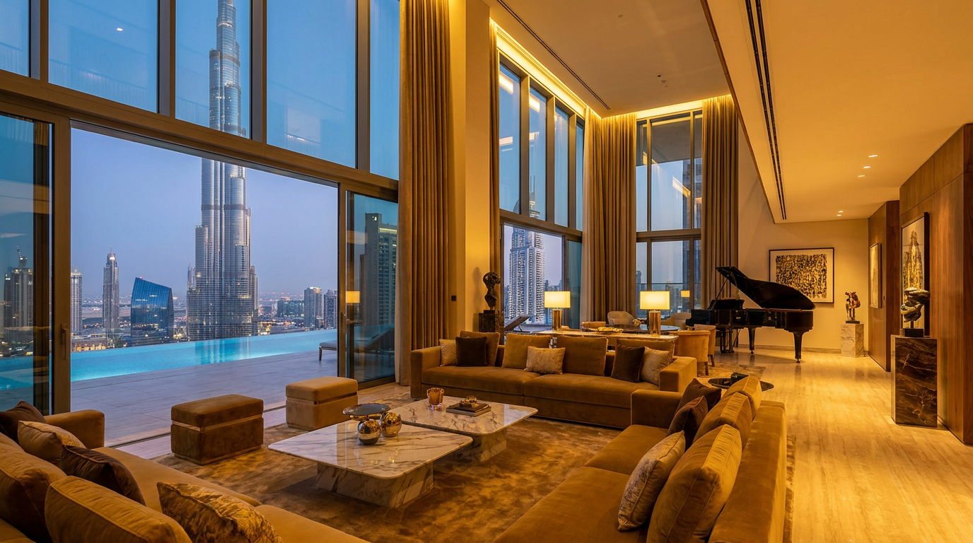 Penthouse de luxe avec vue sur le skyline de Dubai au crépuscule