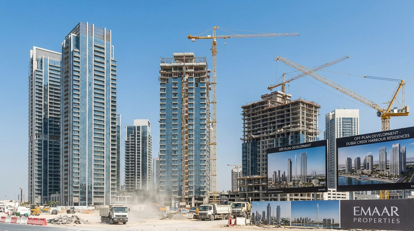 Chantier de tours résidentielles à Dubai illustrant la domination des ventes sur plan (off-plan) au S1 2026