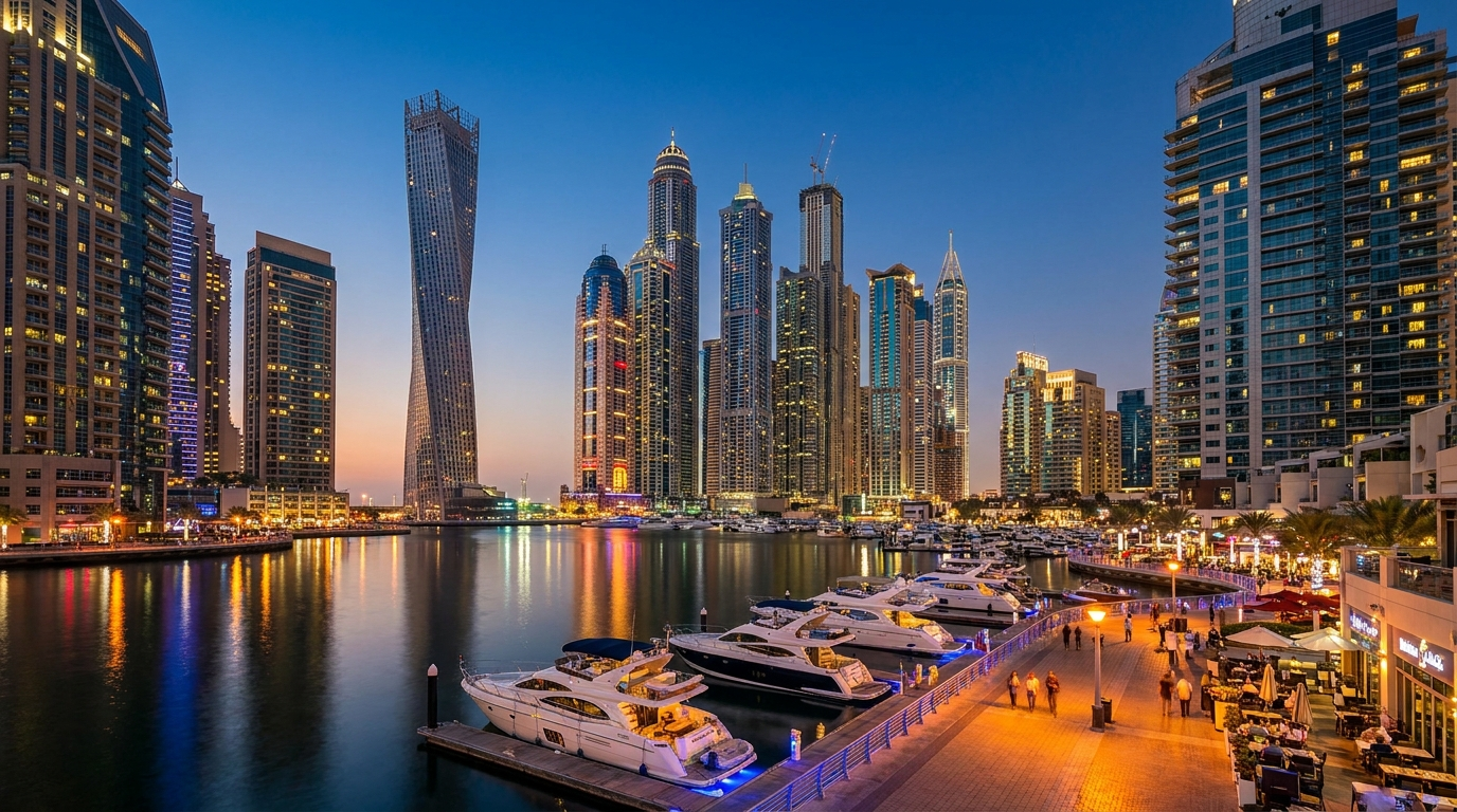 Skyline de Dubai Marina au crépuscule illustrant la zone la plus active du marché immobilier dubaiïote en 2026