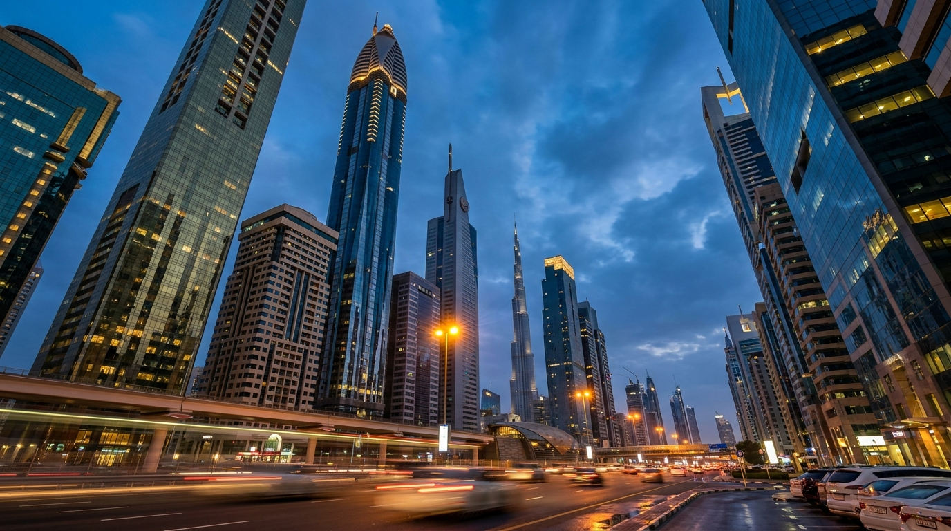 Quartier d'affaires de Dubai à l'heure bleue, symbole de la croissance des investisseurs au T1 2026
