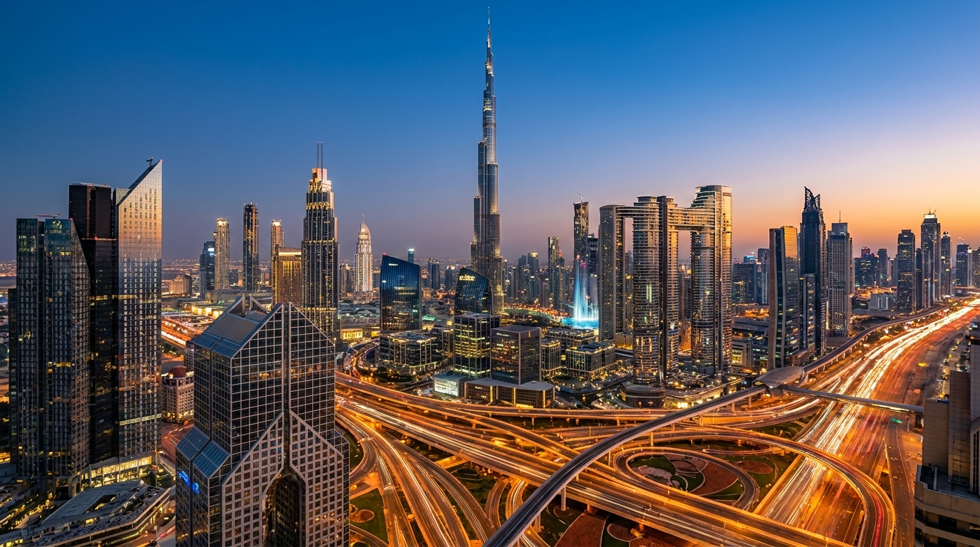 Skyline de Downtown Dubai au crépuscule