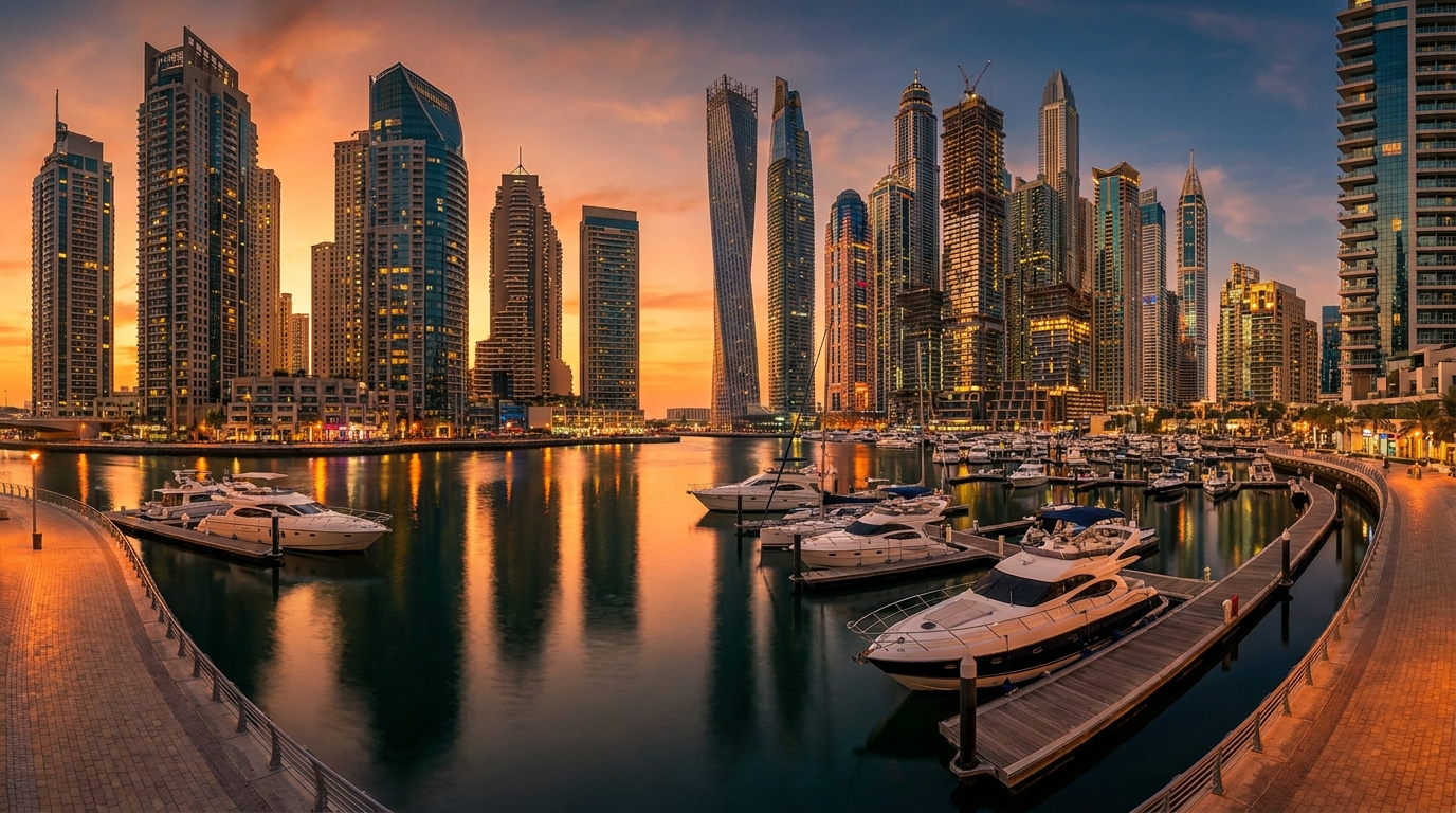 Skyline de Dubai Marina au coucher du soleil