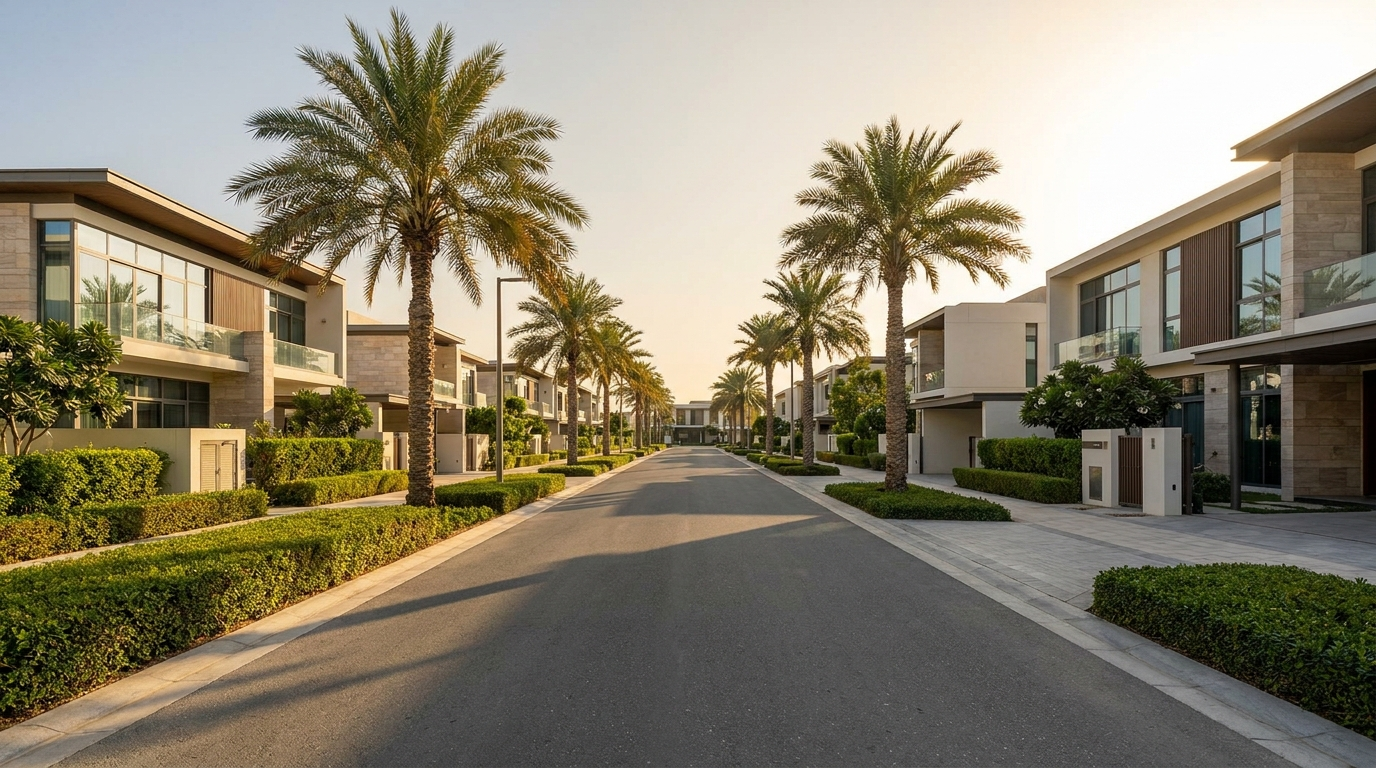 Rue résidentielle haut de gamme à Dubai avec villas modernes