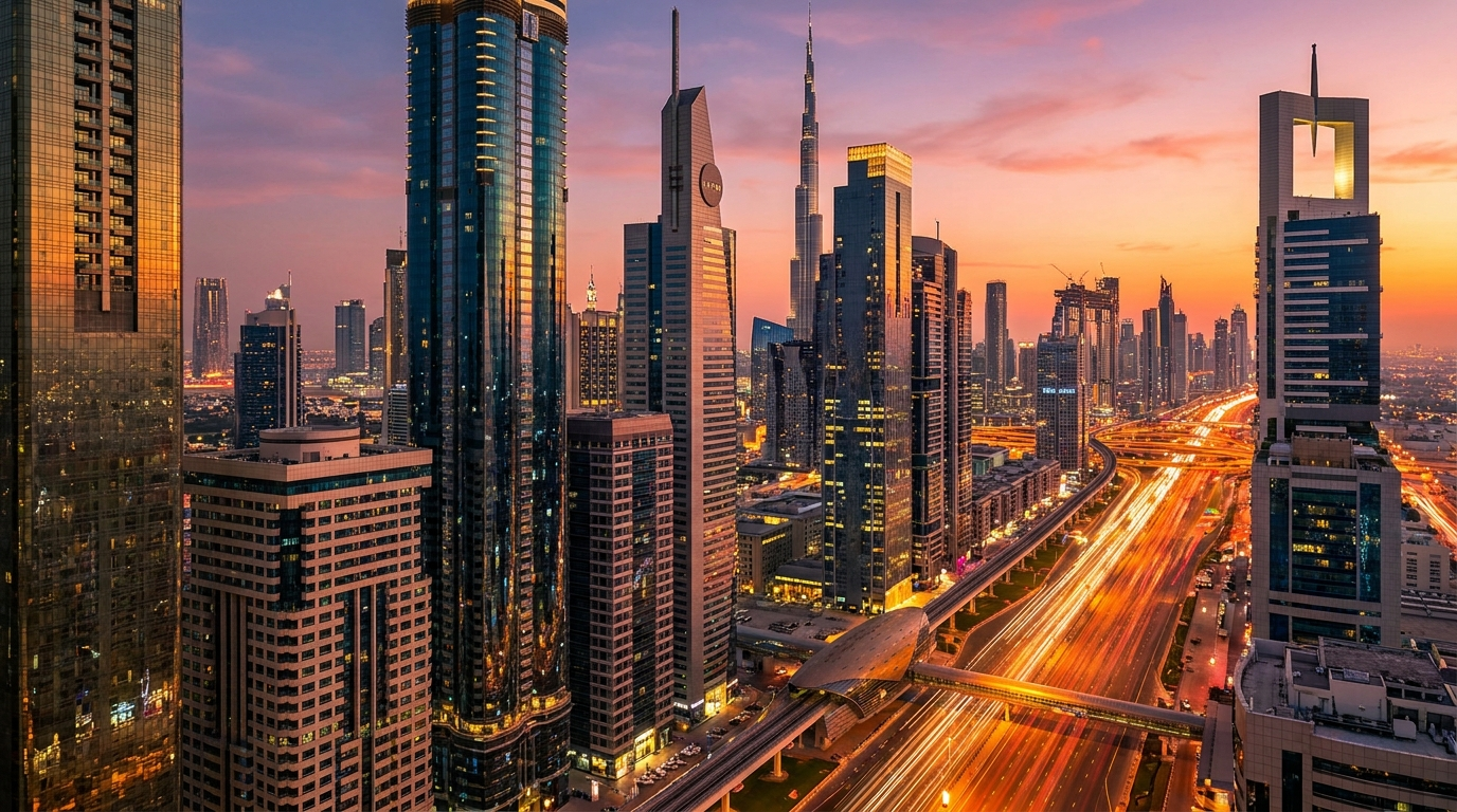 Skyline de Dubai depuis Sheikh Zayed Road au coucher du soleil