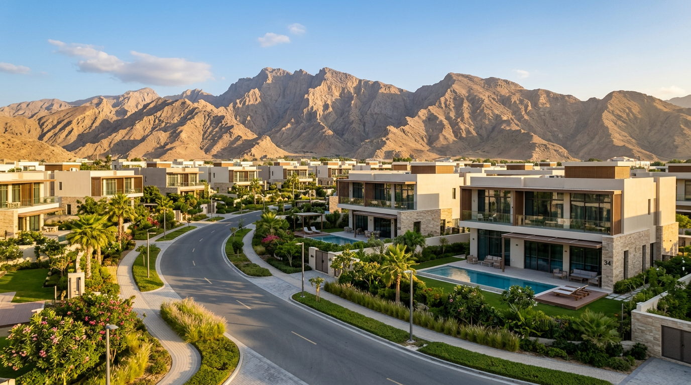 Communauté de villas familiales à Ras Al Khaimah avec montagnes en arrière-plan