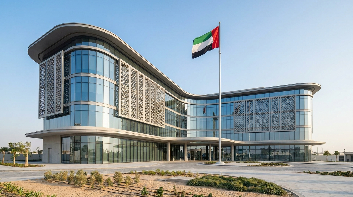 Bâtiment gouvernemental moderne à Dubai avec drapeau des Émirats