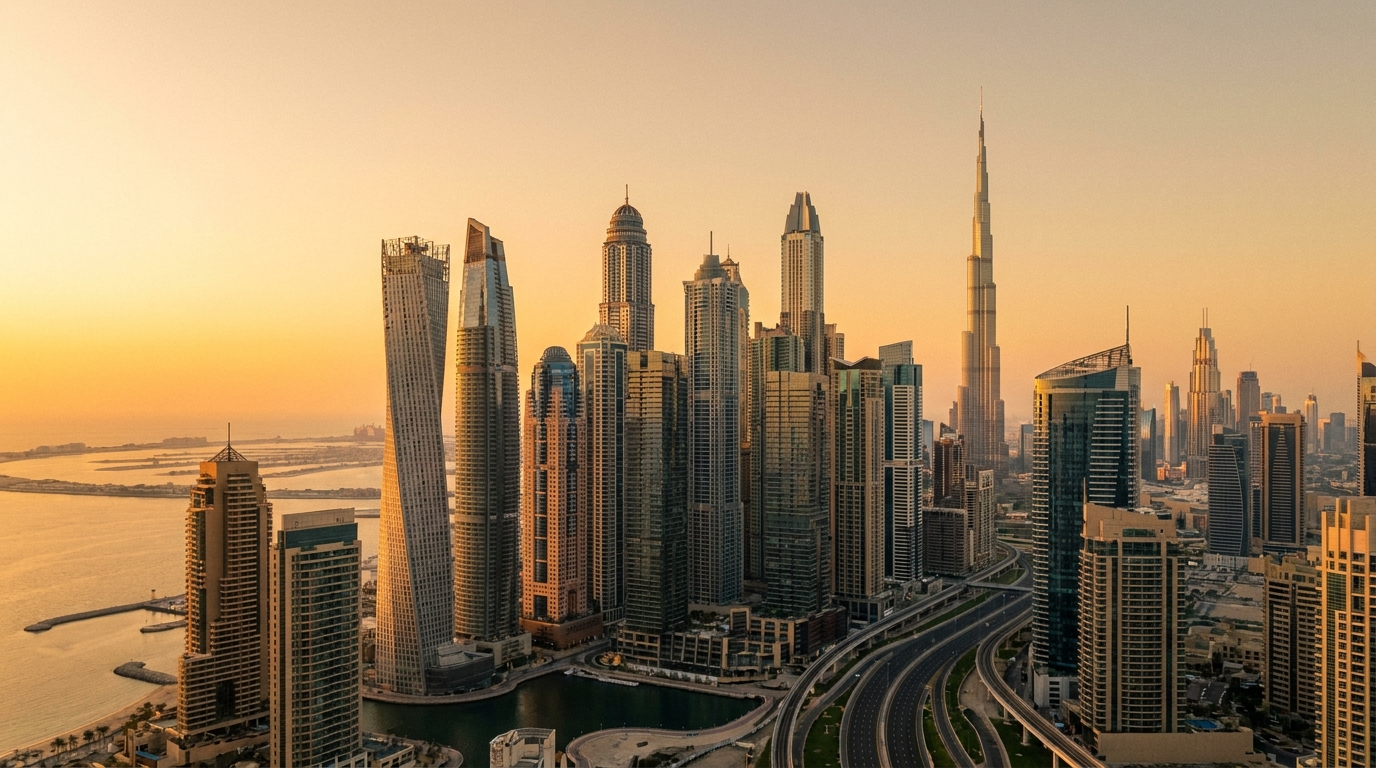 Skyline de Dubai au lever du soleil