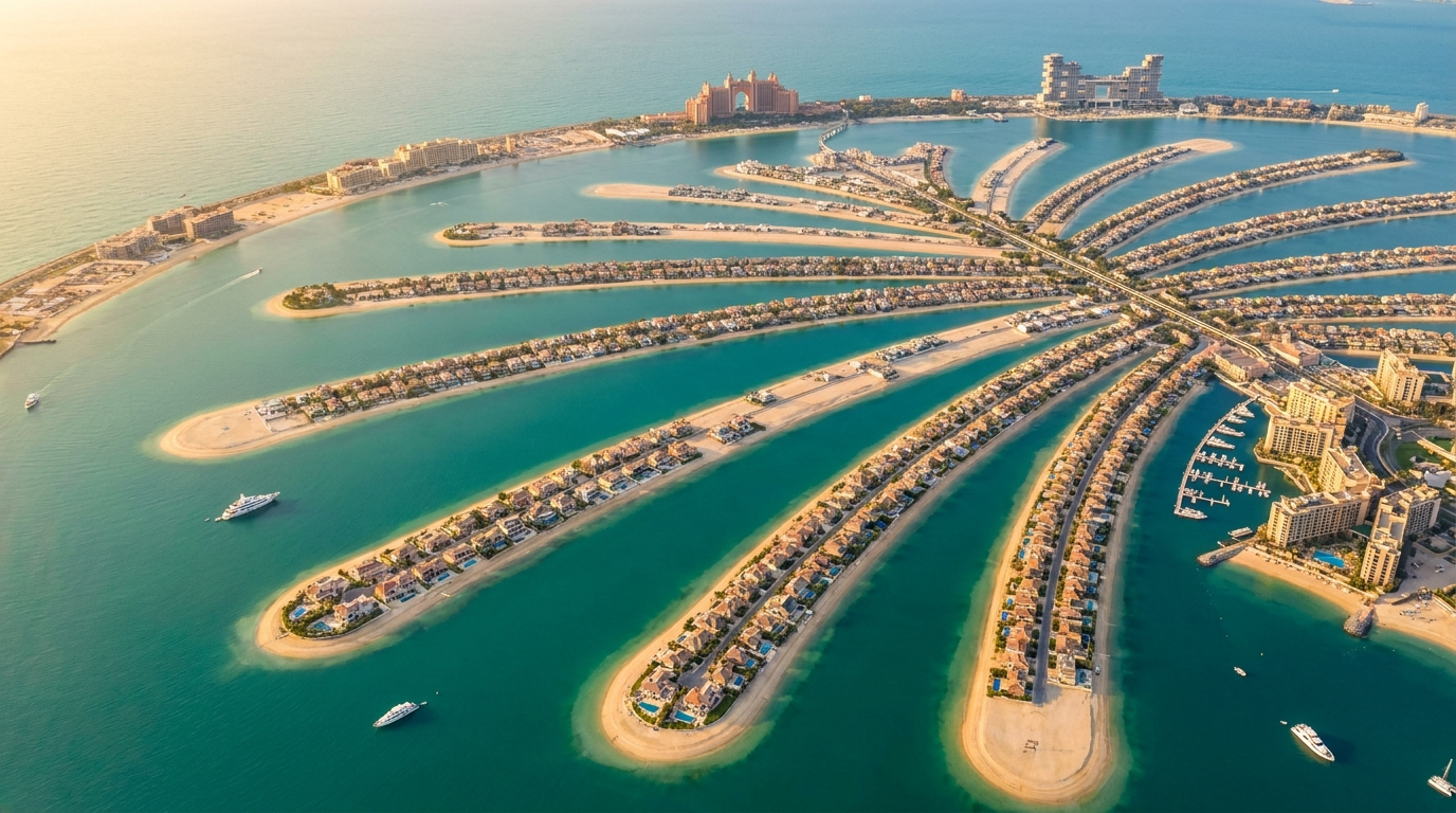 Vue aérienne de Palm Jumeirah avec villas de luxe