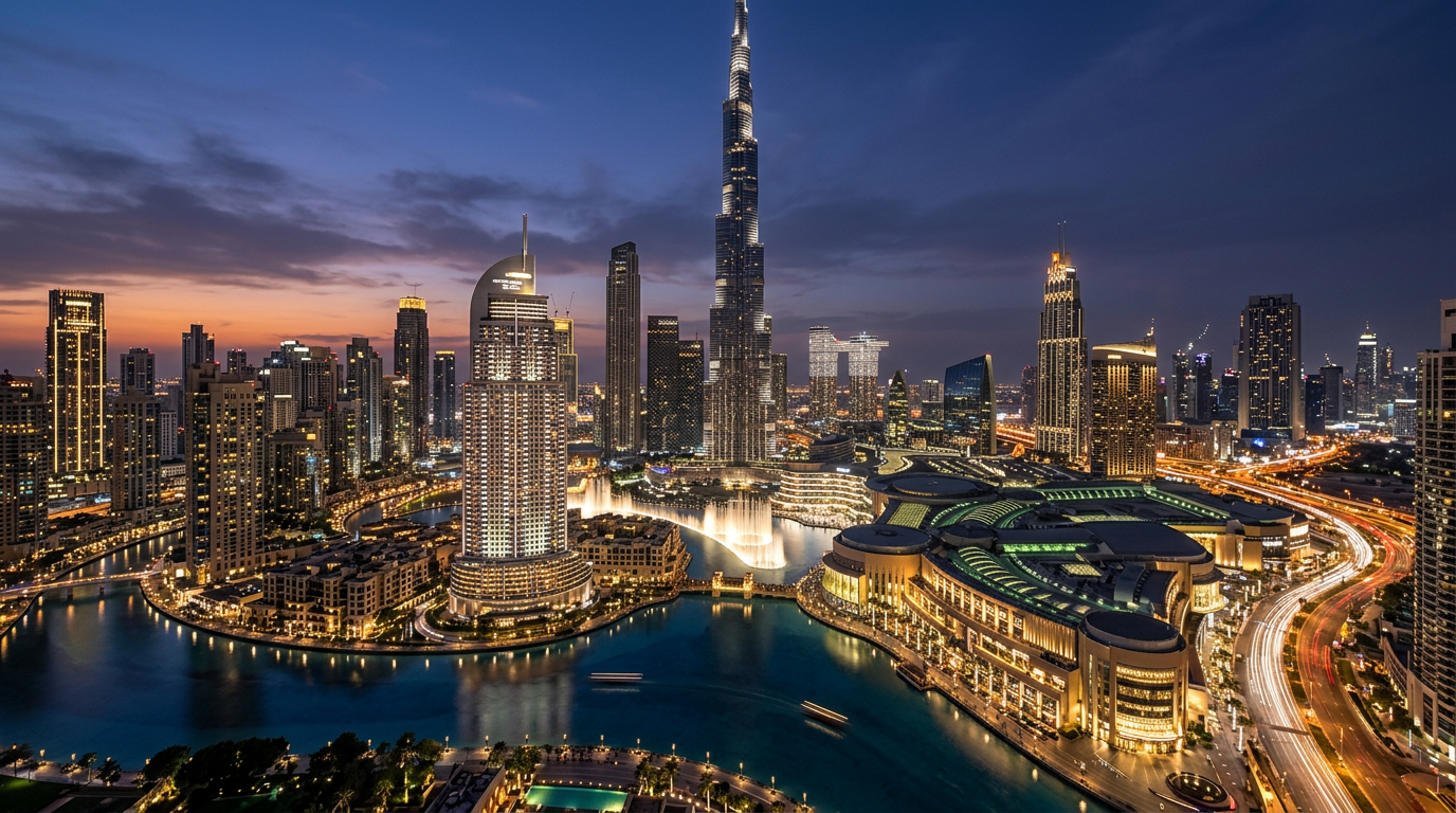 Burj Khalifa et skyline de Downtown Dubai au crépuscule