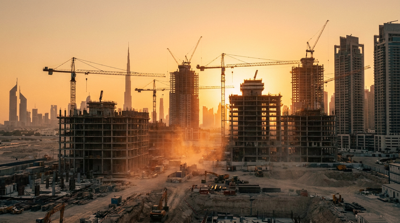 Chantier de construction avec grues à Dubai