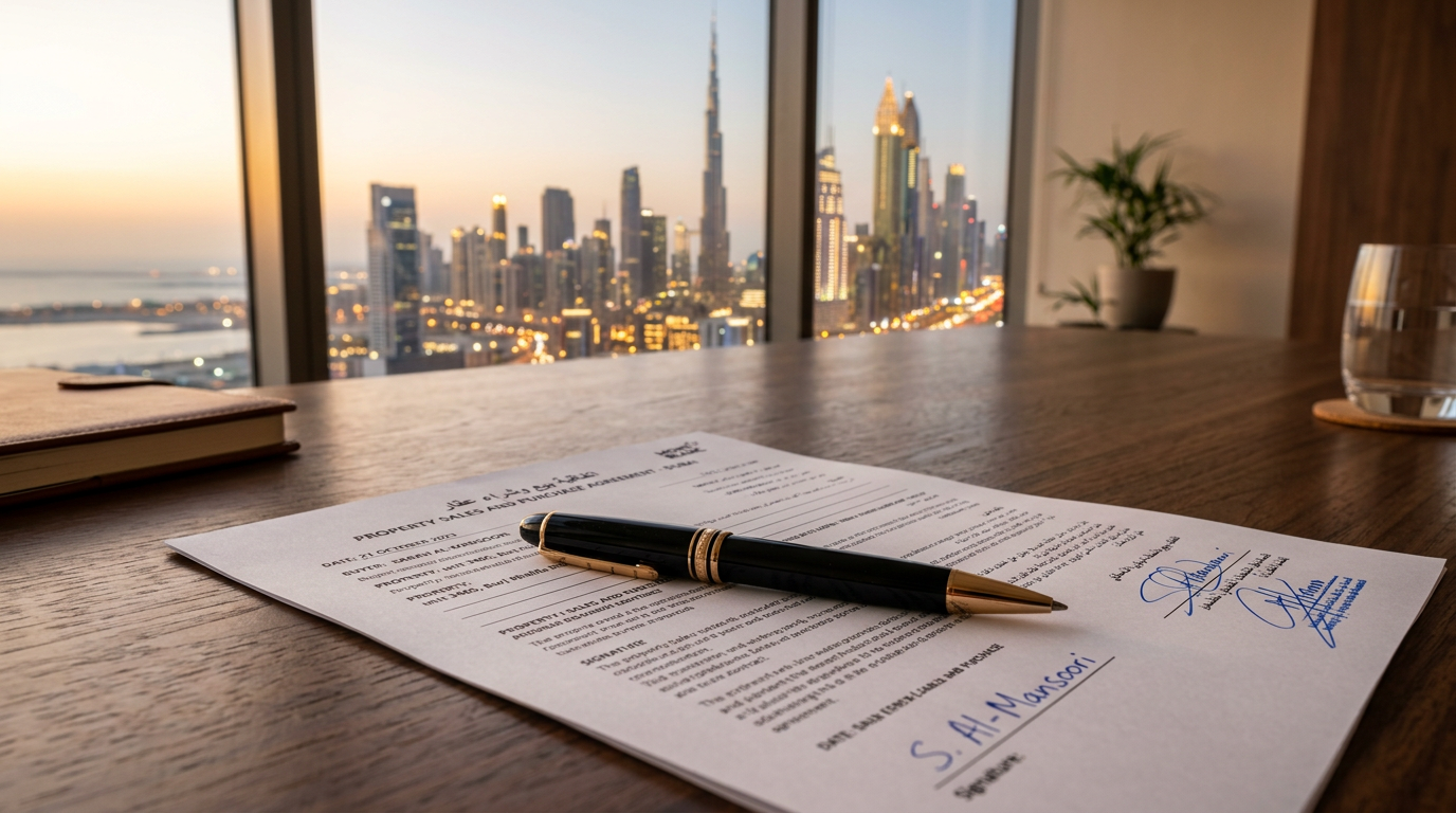Stylo posé sur un contrat immobilier sur un bureau à Dubai