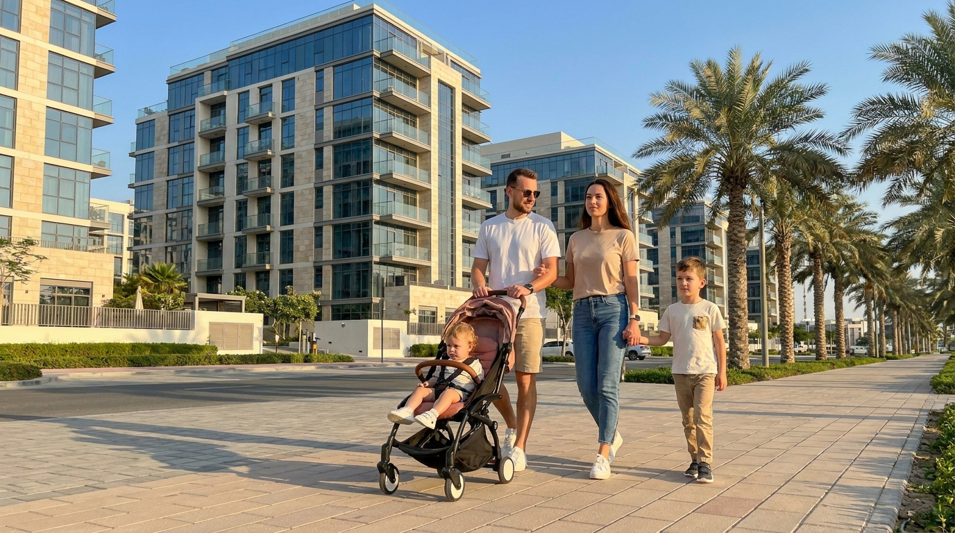 Famille marchant devant des immeubles résidentiels modernes à Dubai