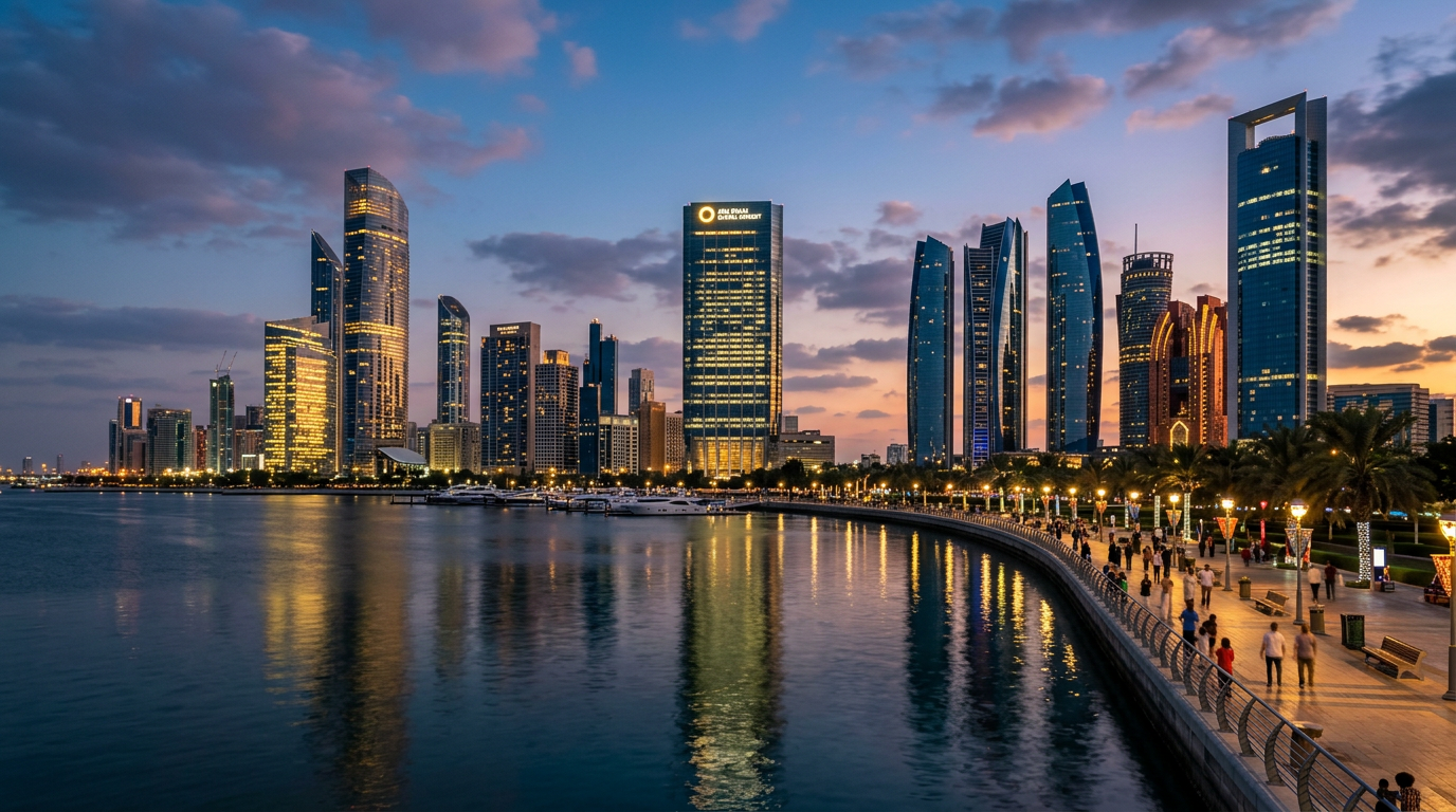 Skyline d'Abu Dhabi au coucher du soleil depuis la Corniche