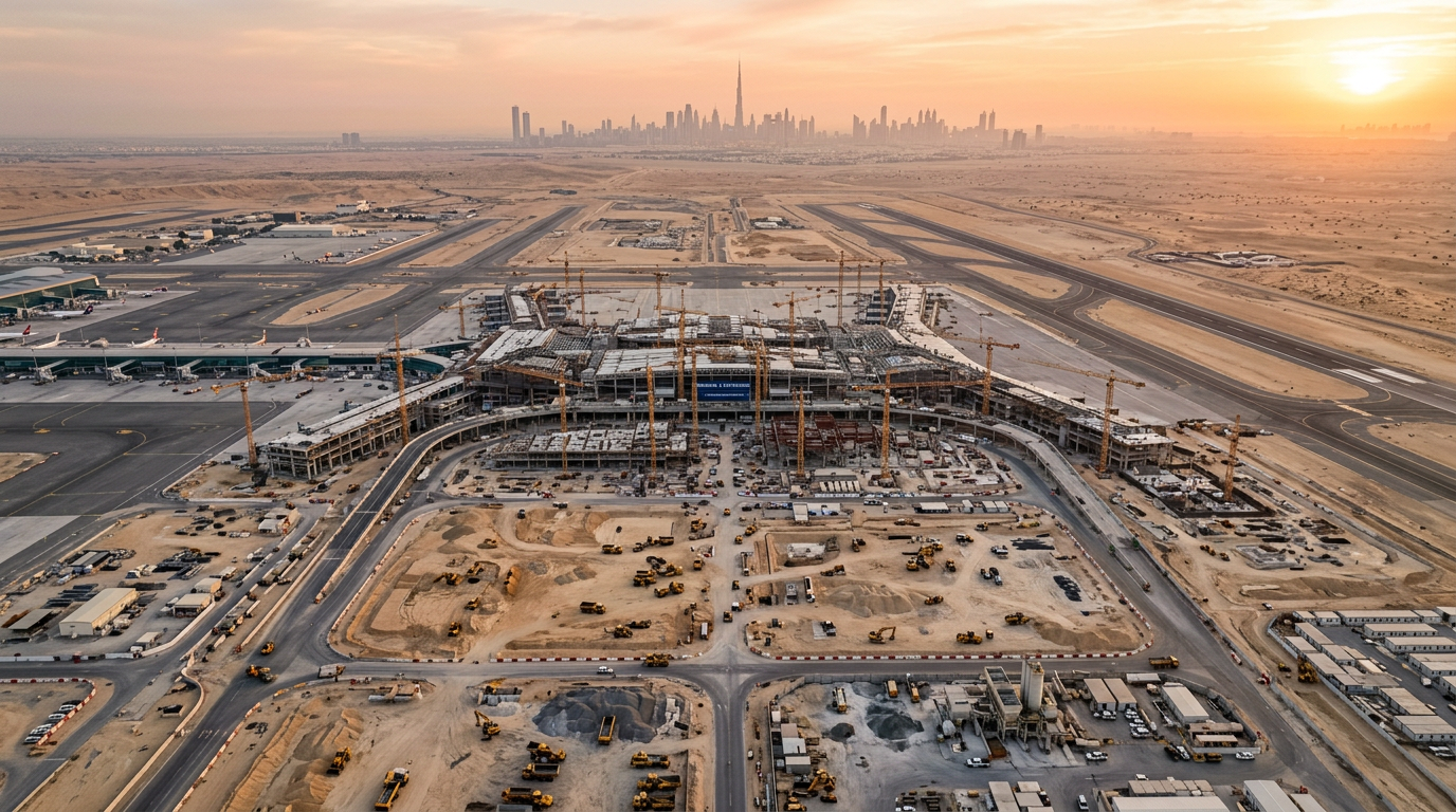 Chantier d'extension d'un aéroport à Dubai vu du ciel
