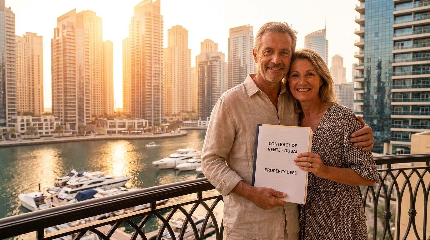 Couple français sur un balcon avec vue sur Dubai Marina